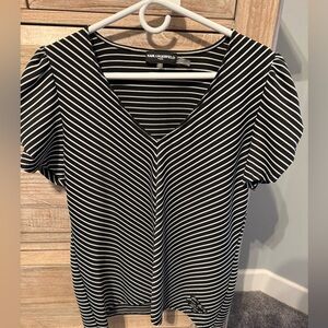 Karl Lagerfeld Black & White Striped Puff Sleeve V-Neck Top